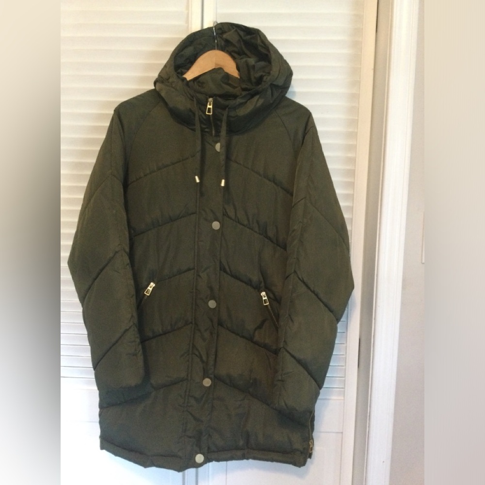 Kaffe KAjetta Puffer Jacket with Hood, Size 38, Olive Green